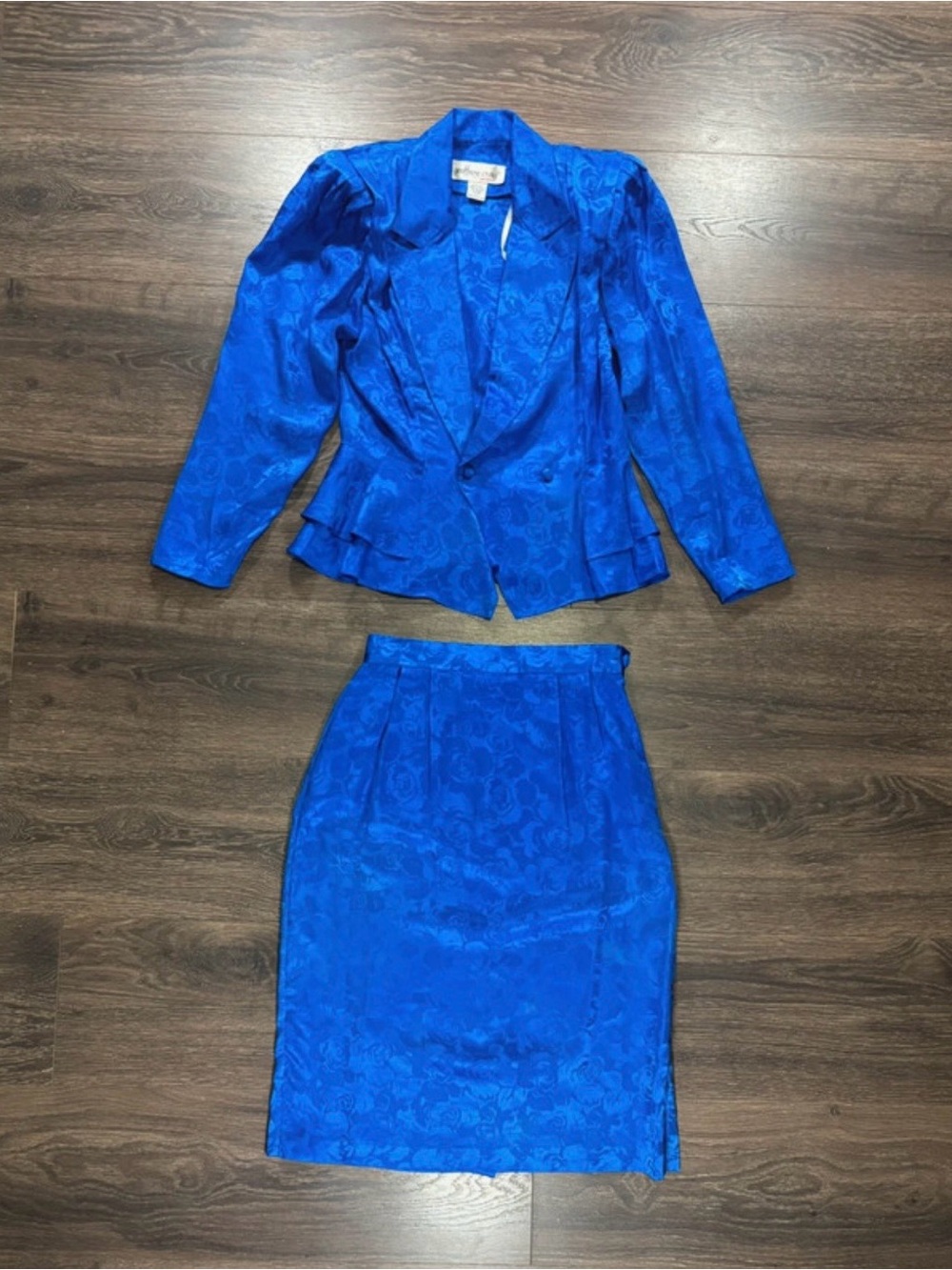 Vintage Geoffrey Craig Petites Blue Floral Jacquard Blazer & Skirt Set 100% Silk
